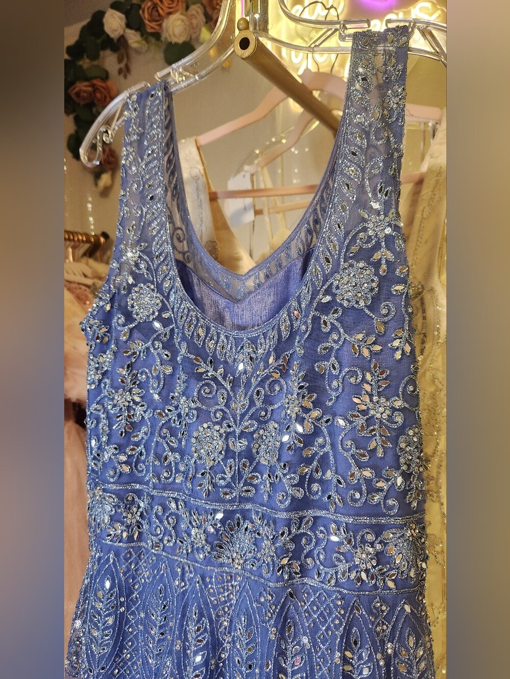 Stunning Luxe Periwinkle Sparkly Mirrored Anarkali Gown & Dupatta Set - Picture 9 of 13